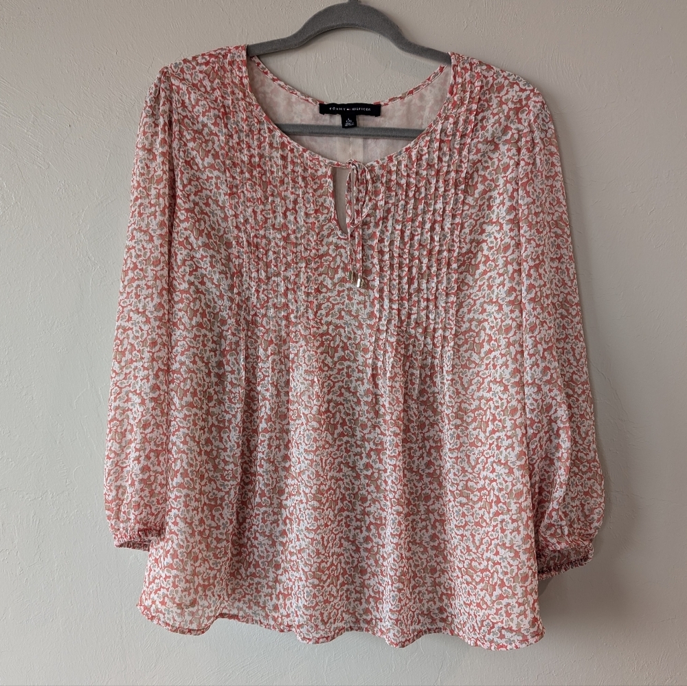 Tommy Hilfiger Chiffon Women’s Floral Peasant Blouse Size L 3/4 Balloon Sleeve